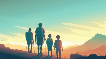 Obraz premium A family hiking together at sunset, embracing adventure and nature in a serene landscape, perfect for inspiring outdoor activities.