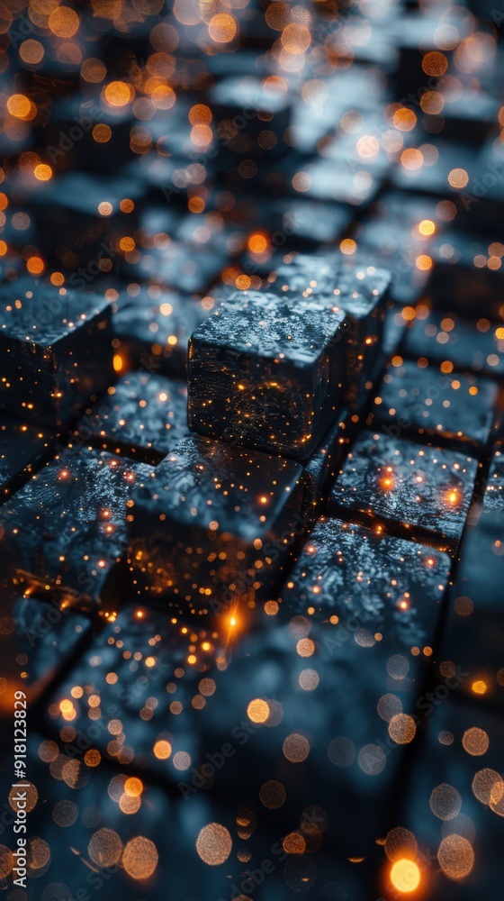 Poster a close up of a black and orange cube with a lot of sparkles. the image has a futuristic and abstrac