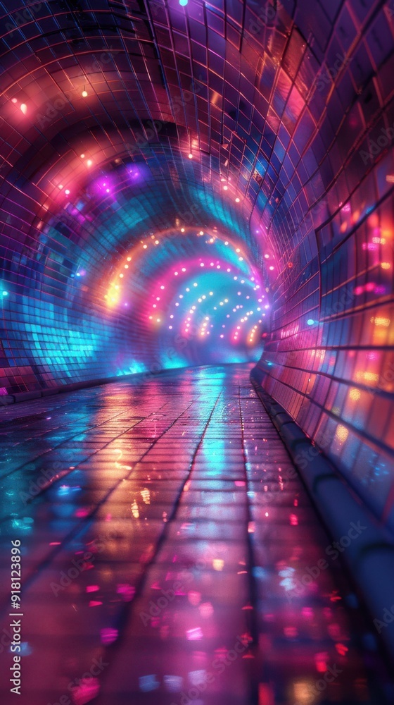 Poster a colorful tunnel with neon lights. the tunnel is illuminated with a variety of colors, creating a v