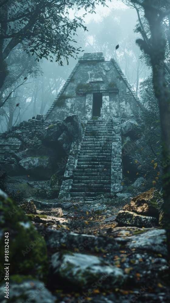 Poster a large stone building with a staircase leading up to it. the building is surrounded by trees and ro