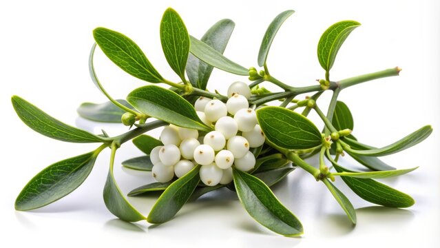 Fresh green mistletoe sprig with delicate white berries and lush leaves isolated on a clean white background, symbolizing love and festive holiday cheer.