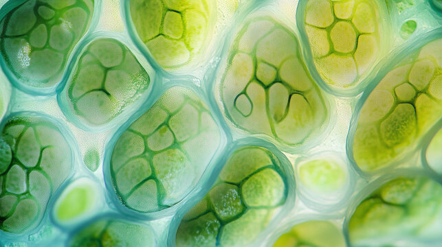 microphotography of plant cells under the microscope, microscopic world, microscopic plants, colors of green and yellowish white, abstract background
