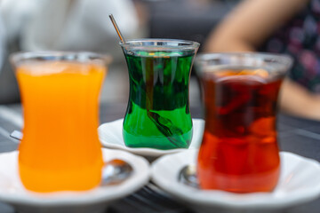 Colorful Teas, Kiwi, Orange and Black Tea in Istanbul Street Food Photo, Üsküdar Istanbul, Turkiye (Turkey)