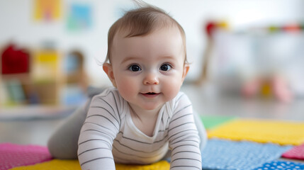 Fototapeta premium A baby child or kid happy at nursery, childcare or preschool pre K playing and crawling concept