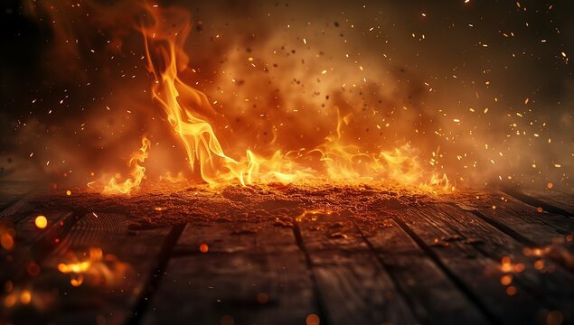 Dramatic and intense wall of flames against a wooden floor: a burning hell.Generative AI.木造の床を背景にした劇的で激しい炎の壁：燃え盛る地獄.Generative AI.
