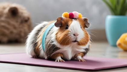 A cute guinea pig wearing a colorful headband and a blue band around its body, sitting on a yoga mat. The background features a soft-focus plant and a cozy setting, creating a playful atmosphere.