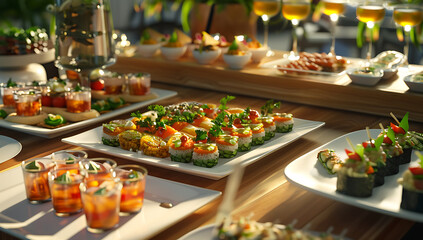 Fototapeta premium Luxury Snack table ready for event. Food and drink catering. Festively decorated beautiful big table full of food ready for guests.Horizontal color photography.