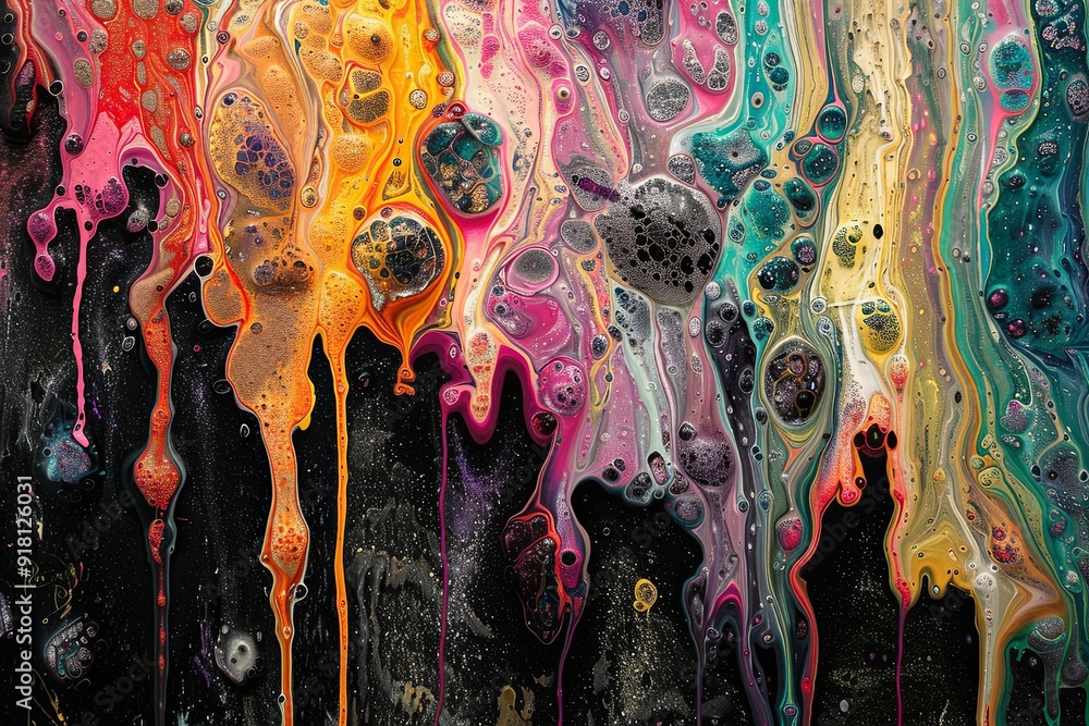Poster bright dripped paint patterns create a mesmerizing abstract display on a dark background. generative