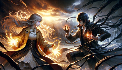 A female mage of light confronts a male mage of darkness, anime style. AI Generated
