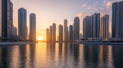 Fototapeta premium The view of towering skyscrapers beside a river during the golden hour, with the warm light creating a stunning contrast against the cool tones of the water