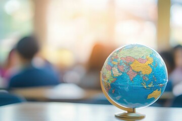 Close-up of a Globe with Blurry Background of People in a Classroom Setting