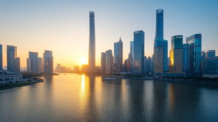 Fototapeta premium The view of towering skyscrapers beside a river during the golden hour, with the warm light creating a stunning contrast against the cool tones of the water