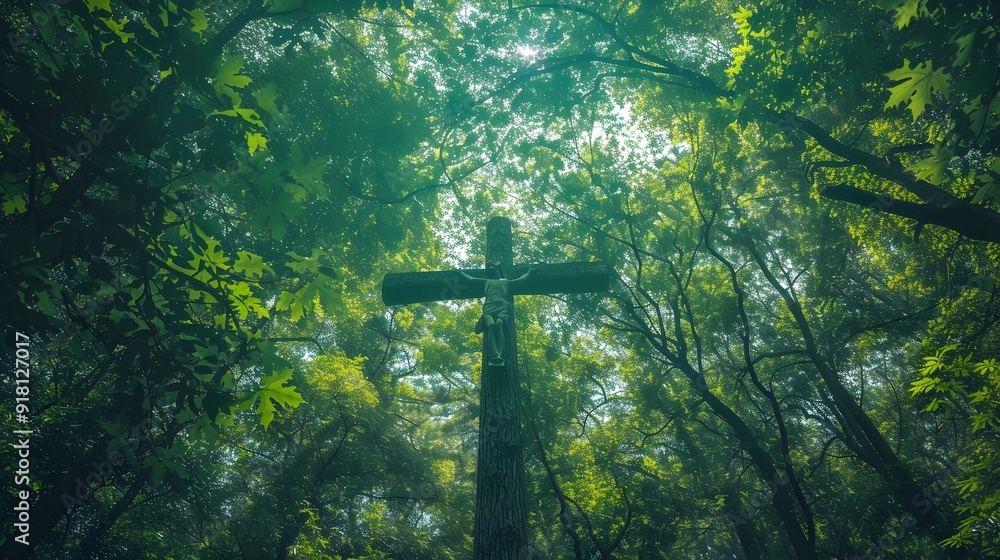 Poster intersecting tree branches forming natural cross with ample copy space