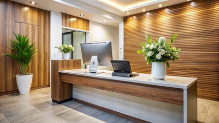 Friendly reception desk with a warm smile, modern computer, and tidy workspace, ready to welcome guests and efficiently manage check-in procedures.