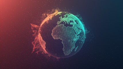 Fototapeta premium Abstract digital representation of Earth with glowing lines and vibrant colors. Planetary concept art in a dark, cosmic environment.