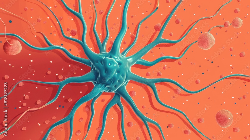 Aufkleber 3d illustration of a neuron cell on an orange background, showing intricate nerve connections and ne