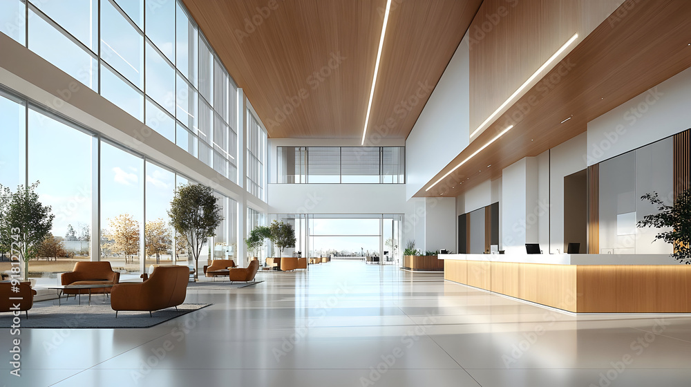 Poster modern office lobby with large windows and a reception desk.
