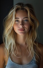 Naklejka premium A woman with blonde hair and a pretty smile. She is wearing a gray tank top. The image has a warm and friendly mood