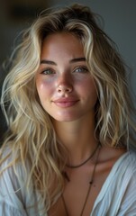 Fototapeta premium A woman with blonde hair and a smile on her face. She is wearing a white shirt and a necklace