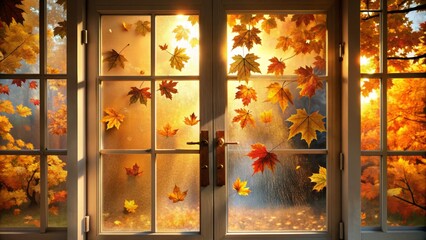 Frosted glass door with autumn leaves stuck to it, softly illuminated from inside, offers a serene and intimate glimpse into a warm and cozy interior space.