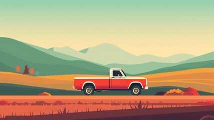 Fototapeta premium A vintage pickup truck drives through scenic mountains and fields, capturing the essence of adventure and freedom in nature.