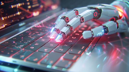 Futuristic Robot Hand Typing on a Laptop Keyboard