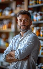 Fototapeta premium A man in a white shirt stands in front of a shelf of bottles. He is smiling and he is proud of his work