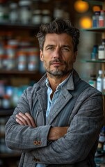 Fototapeta premium A man in a gray jacket and blue shirt stands in front of a store with a bottle of liquor in his hand