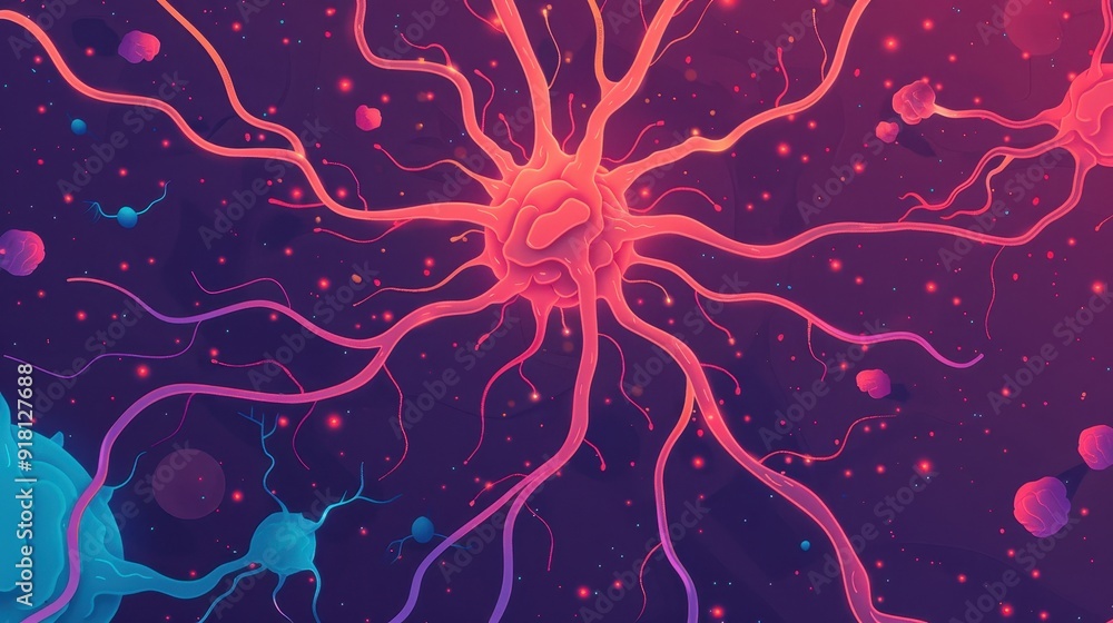 Poster vibrant and colorful illustration of neural cells in a microscopic view, showcasing the complexity a