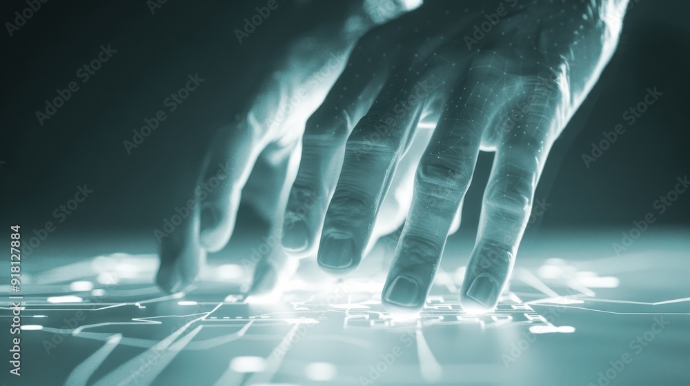 Poster futuristic technology concept image featuring a hand interacting with a glowing digital interface. i