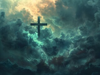 Naklejka premium Dramatic Stormy Skies with Powerful Christian Cross Symbol Concept