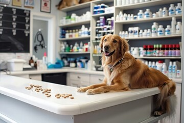 Golden Retriever on counter of veterinary pharmacy with medicine shelves behind. Animal pharmacy, human pharmacy.