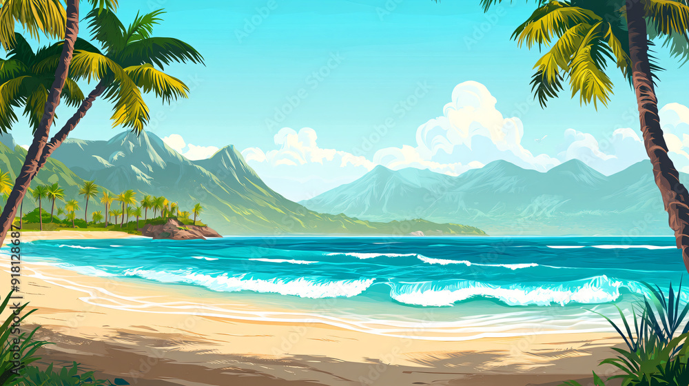 Canvas Prints Tropical Beach with Palm Trees and Mountains.