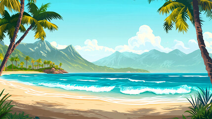 Obraz premium Tropical Beach with Palm Trees and Mountains.