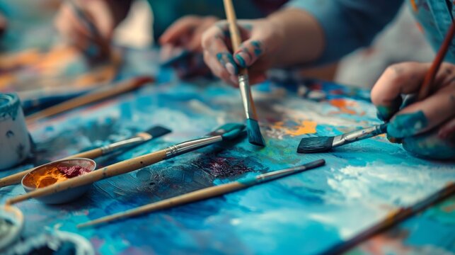 People express themselves doing art during an art therapy workshop with paints, brushes, and canvases. Therapeutic benefits of creativity and self-expression in mental health and emotional well-being