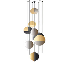 2D illustration of a harmonious wind chime (zen logo type) in subtle shades of silver and gold in flat colors isolated on a white transparent background.