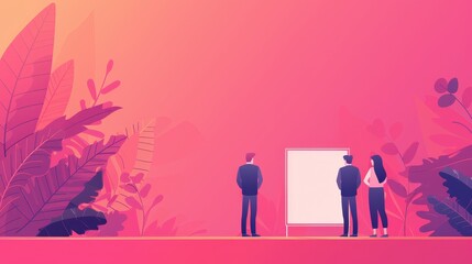 Three individuals gathered in a vibrant space, discussing ideas in front of a blank presentation board amidst lush greenery.