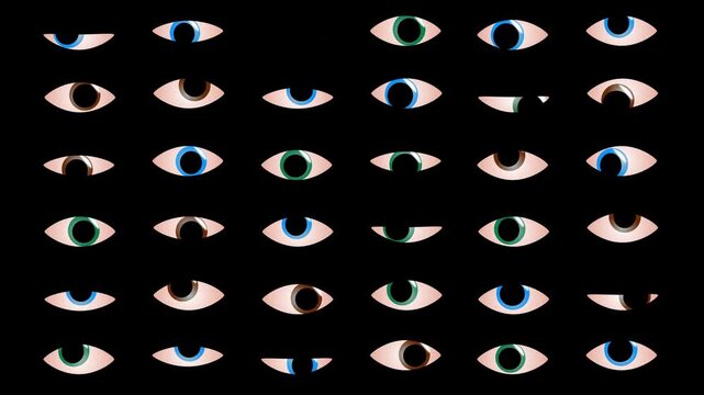 animation grid with multiple eyes looking around and change colors. Abstract cartoon banner background