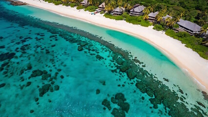 Panoramic view of the sea view of the aerial view of the island. White sandy beach is visible from above.