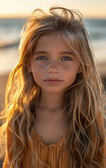 A young girl with blonde hair and blue eyes is standing on a beach. She has a slight scruff on her face and is wearing a yellow dress