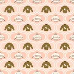 Sweater damask seamless pattern. Warm cozy clothes arch repeat background. Casual pullover retro endless design. Vector hand drawn illustration.