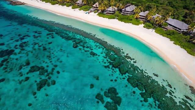 Panoramic view of the sea view of the aerial view of the island. White sandy beach is visible from above.