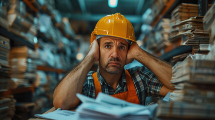 Frustrated Construction Worker Overwhelmed with Paperwork in Warehouse