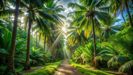 Lush green foliage and towering palm trees surround a serene forest pathway in Fiji, with dappled sunlight filtering through the tropical canopy above.