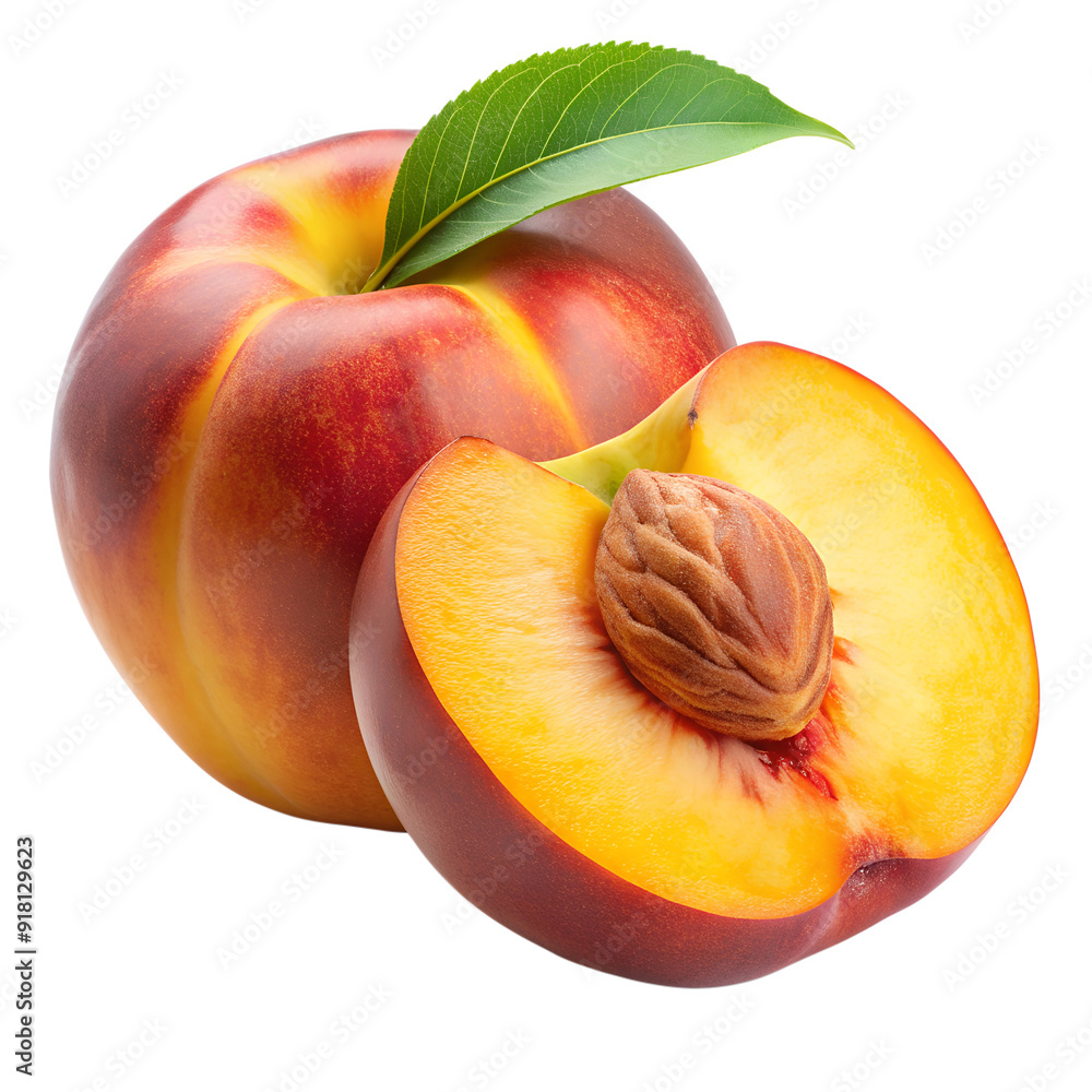 Wall mural Ripe Juicy Peach with Sliced Section Showing Flesh, Isolated on Transparent Background, Ideal for Food and Stone Fruit Designs