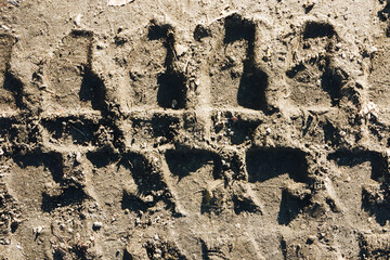 Sand tyre mark background. Tire track shape. Trail lines on dry brown sand pattern. Road...