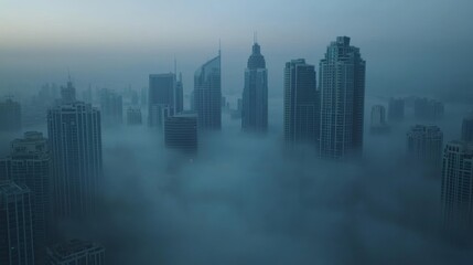 Fototapeta premium Foggy Morning in Downtown Dubai with Skyscrapers Generative AI