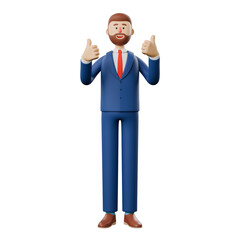 3D Illustration of smiling businessman showing thumb up, positive hand gesture, good job, respect.3D rendering on blue background. Rendered on a white background.