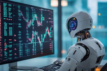 A humanoid robot analyzing data on a computer screen