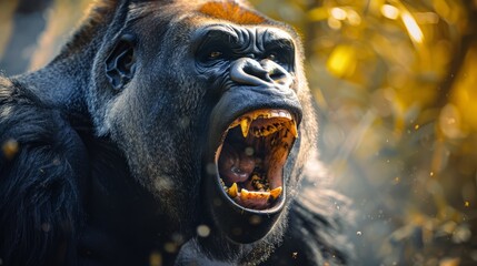 A close-up of a gorilla with its mouth open, showing its teeth. The gorilla is in a wild setting.